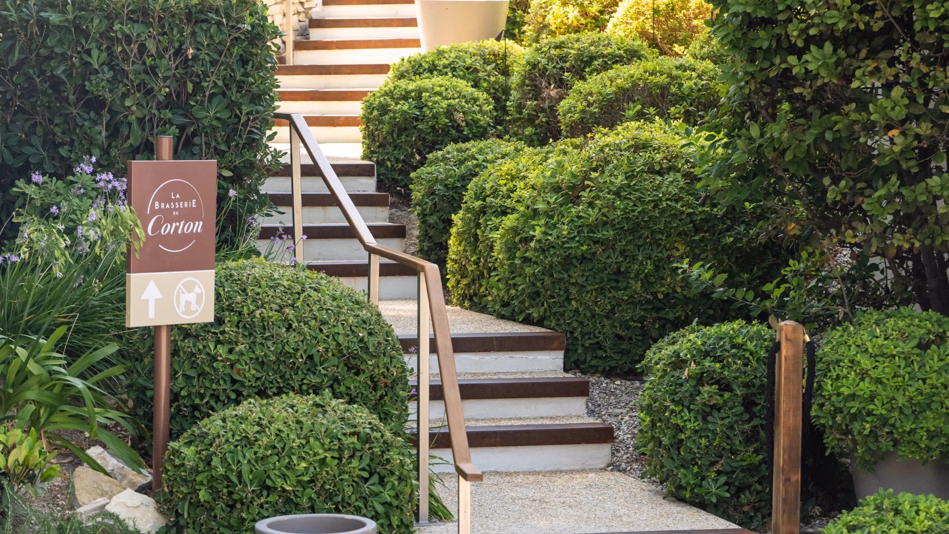 A stone staircase with wooden railings leads to a tree-lined terrace, accompanied by a sign reading "La Brasserie Corom"
